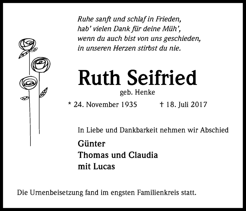  Traueranzeige für Ruth Seifried vom 05.08.2017 aus Kölner Stadt-Anzeiger / Kölnische Rundschau / Express