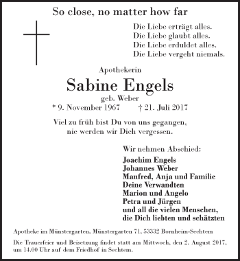 Anzeige von Sabine Engels von  Schaufenster/Blickpunkt  Schlossbote/Werbekurier 