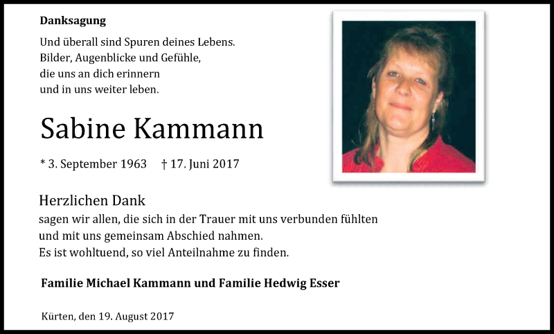  Traueranzeige für Sabine Kammann vom 19.08.2017 aus Kölner Stadt-Anzeiger / Kölnische Rundschau / Express