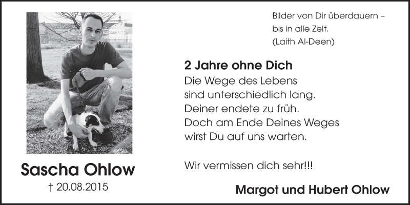  Traueranzeige für Sascha Ohlow vom 23.08.2017 aus  Schlossbote/Werbekurier 