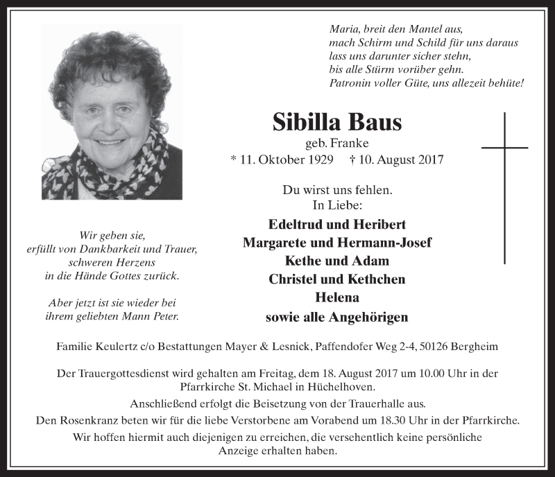  Traueranzeige für Sibilla Baus vom 16.08.2017 aus  Werbepost 