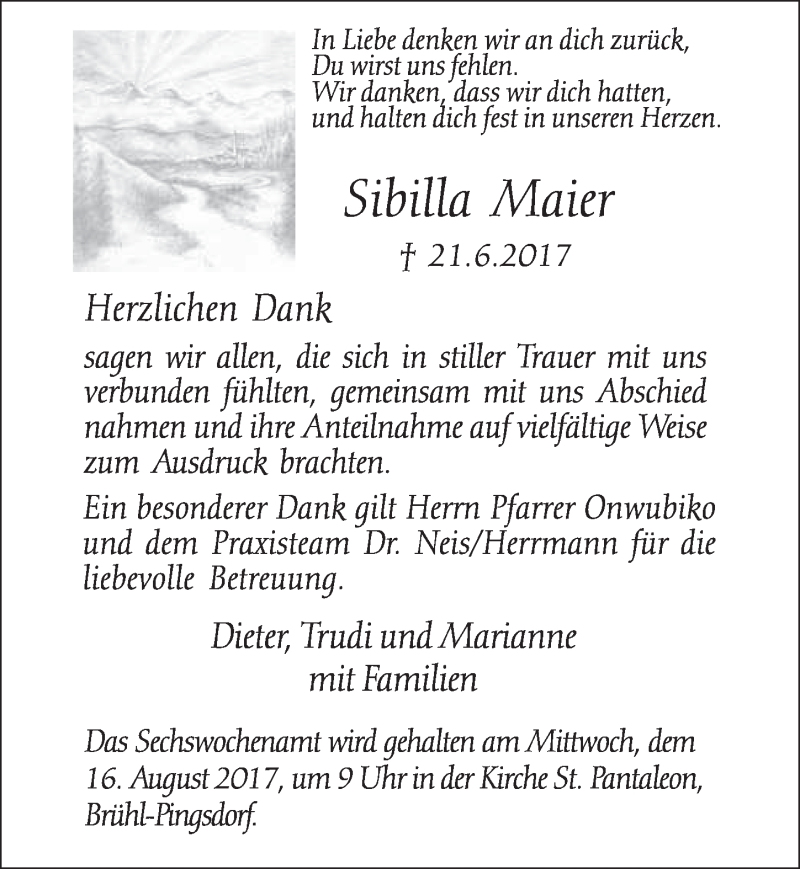  Traueranzeige für Sibilla Maier vom 09.08.2017 aus  Schlossbote/Werbekurier 