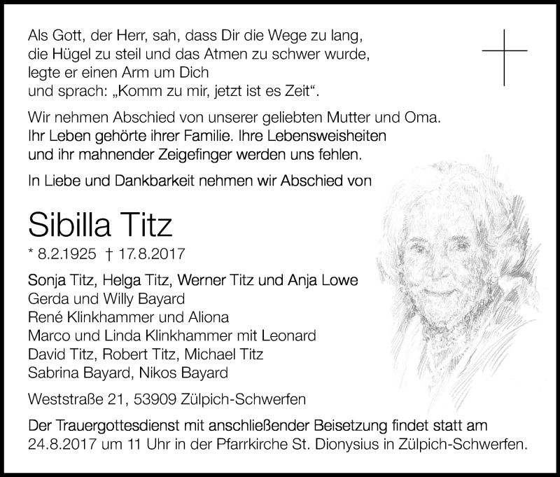  Traueranzeige für Sibilla Titz vom 22.08.2017 aus Kölner Stadt-Anzeiger / Kölnische Rundschau / Express