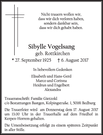 Anzeige von Sibylle Vogelsang von  Sonntags-Post 