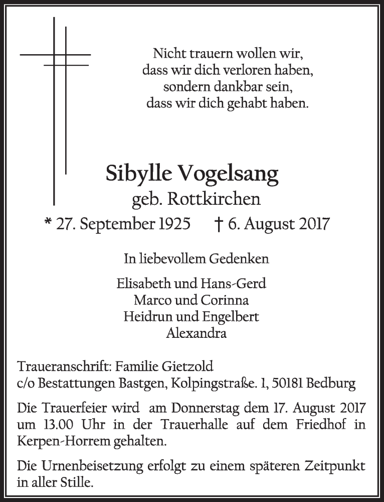  Traueranzeige für Sibylle Vogelsang vom 12.08.2017 aus  Sonntags-Post 