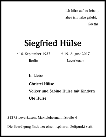 Anzeige von Siegfried Hülse von Kölner Stadt-Anzeiger / Kölnische Rundschau / Express