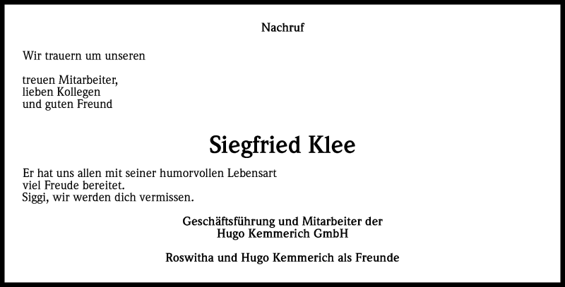  Traueranzeige für Siegfried Klee vom 16.08.2017 aus Kölner Stadt-Anzeiger / Kölnische Rundschau / Express