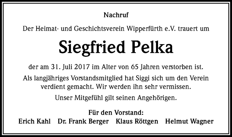  Traueranzeige für Siegfried Pelka vom 09.08.2017 aus Kölner Stadt-Anzeiger / Kölnische Rundschau / Express