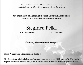 Anzeige von Siegfried Pelka von Kölner Stadt-Anzeiger / Kölnische Rundschau / Express