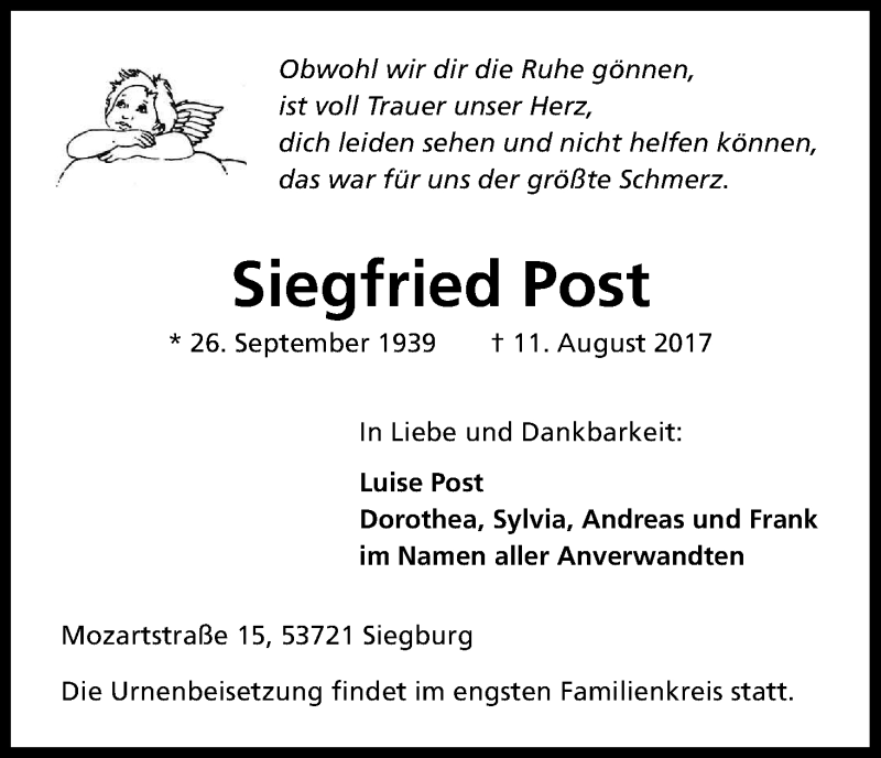  Traueranzeige für Siegfried Post vom 19.08.2017 aus Kölner Stadt-Anzeiger / Kölnische Rundschau / Express