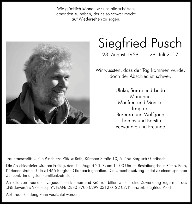  Traueranzeige für Siegfried Pusch vom 05.08.2017 aus Kölner Stadt-Anzeiger / Kölnische Rundschau / Express