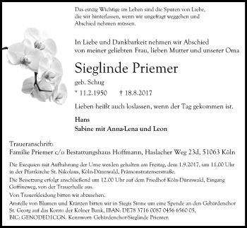Anzeige von Sieglinde Priemer von Kölner Stadt-Anzeiger / Kölnische Rundschau / Express