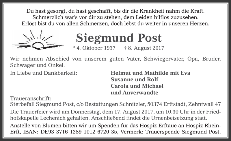  Traueranzeige für Siegmund Post vom 12.08.2017 aus  Sonntags-Post 