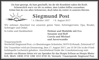 Anzeige von Siegmund Post von  Sonntags-Post 