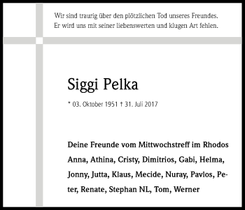 Anzeige von Siggi Pelka von Kölner Stadt-Anzeiger / Kölnische Rundschau / Express