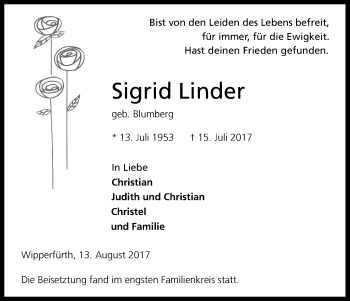 Anzeige von Sigrid Linder von Kölner Stadt-Anzeiger / Kölnische Rundschau / Express