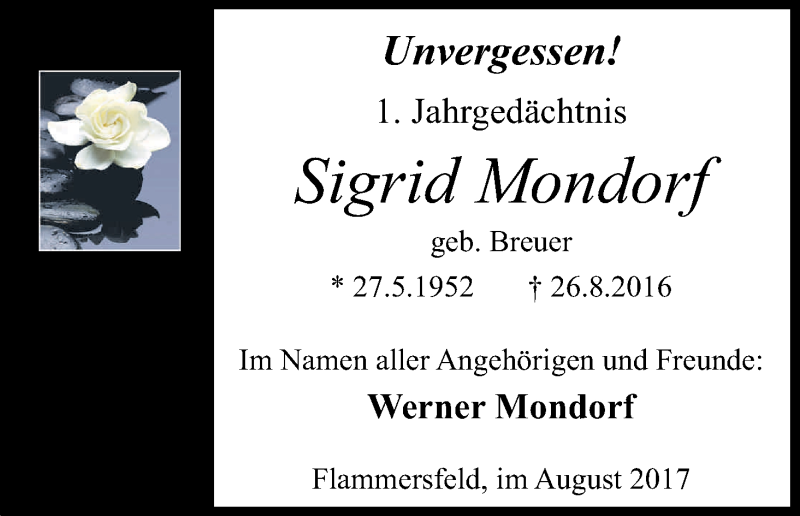  Traueranzeige für Sigrid Mondorf vom 26.08.2017 aus Kölner Stadt-Anzeiger / Kölnische Rundschau / Express
