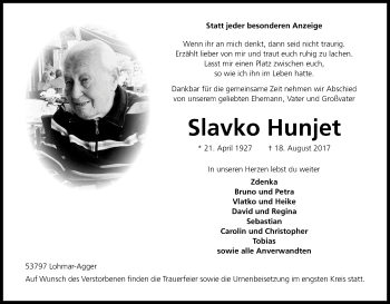 Anzeige von Slavko Hunjet von Kölner Stadt-Anzeiger / Kölnische Rundschau / Express