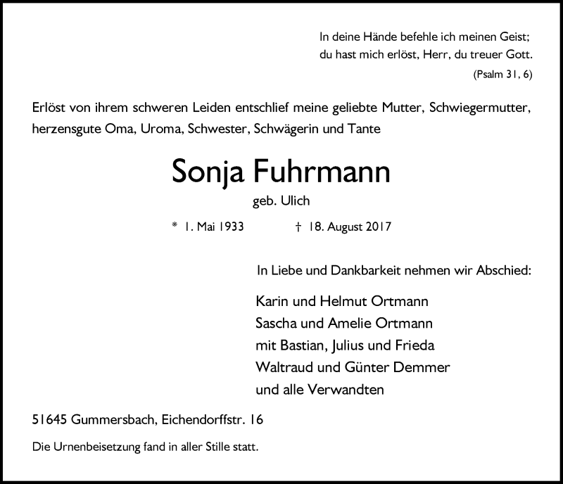  Traueranzeige für Sonja Fuhrmann vom 30.08.2017 aus  Anzeigen Echo 