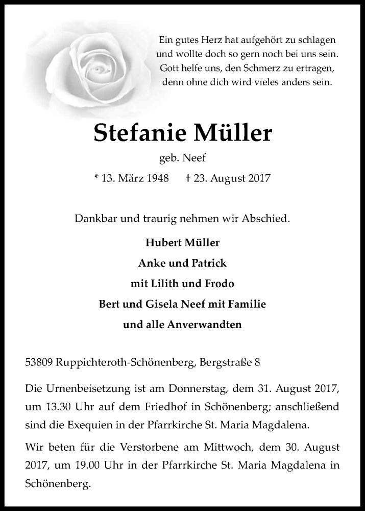  Traueranzeige für Stefanie Müller vom 26.08.2017 aus Kölner Stadt-Anzeiger / Kölnische Rundschau / Express