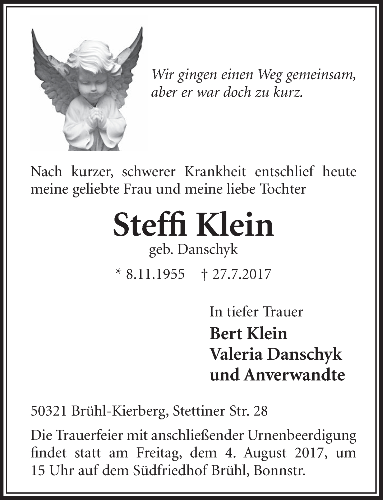 Traueranzeige für Steffi Klein vom 02.08.2017 aus  Schlossbote/Werbekurier 