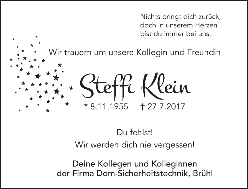  Traueranzeige für Steffi Klein vom 02.08.2017 aus  Schlossbote/Werbekurier 