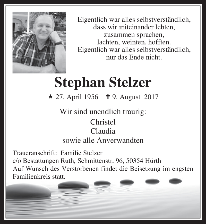  Traueranzeige für Stephan Stelzer vom 16.08.2017 aus  Wochenende 
