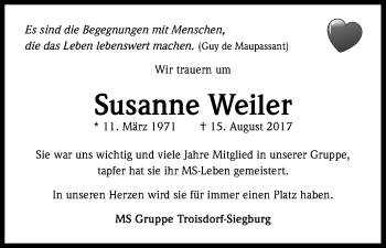 Anzeige von Susanne Weiler von Kölner Stadt-Anzeiger / Kölnische Rundschau / Express