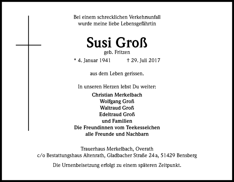  Traueranzeige für Susi Groß vom 04.08.2017 aus Kölner Stadt-Anzeiger / Kölnische Rundschau / Express