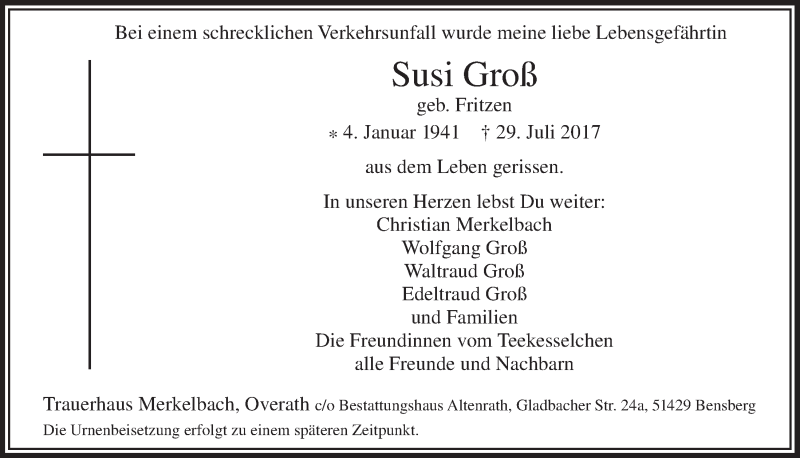  Traueranzeige für Susi Groß vom 09.08.2017 aus  Bergisches Handelsblatt 