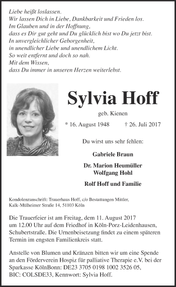 Anzeige von Sylvia Hoff von  Kölner Wochenspiegel 