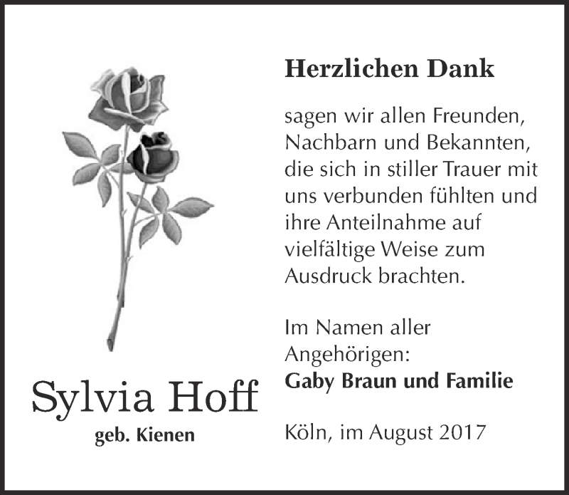  Traueranzeige für Sylvia Hoff vom 23.08.2017 aus  Kölner Wochenspiegel 
