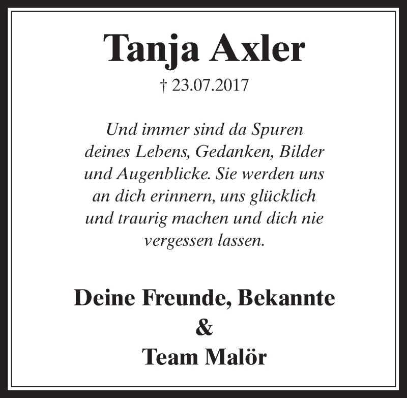  Traueranzeige für Tanja Axler vom 09.08.2017 aus  Wochenende 