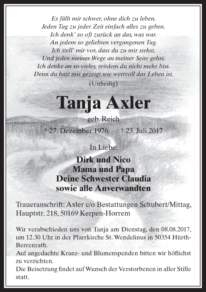  Traueranzeige für Tanja Axler vom 02.08.2017 aus  Wochenende 