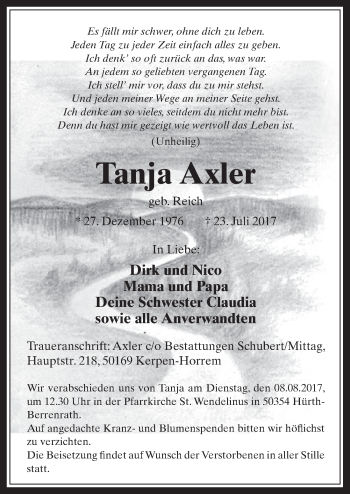 Anzeige von Tanja Axler von  Wochenende 
