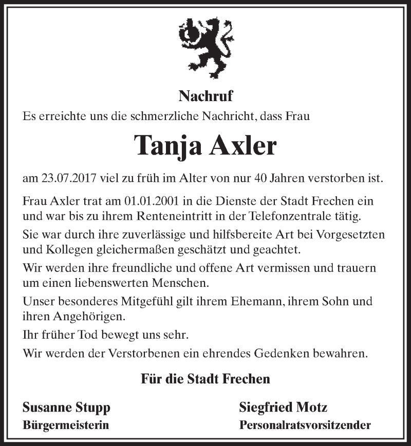  Traueranzeige für Tanja Axler vom 12.08.2017 aus  Sonntags-Post 