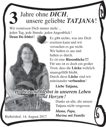 Anzeige von Tatjana  von  Lokalanzeiger 