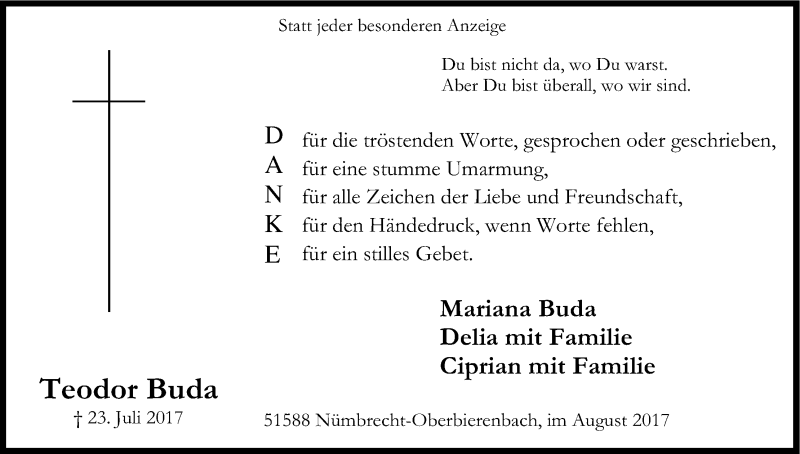  Traueranzeige für Teodor Buda vom 26.08.2017 aus Kölner Stadt-Anzeiger / Kölnische Rundschau / Express