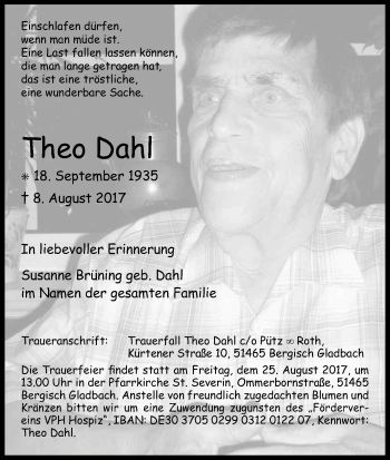 Anzeige von Theo Dahl von Kölner Stadt-Anzeiger / Kölnische Rundschau / Express