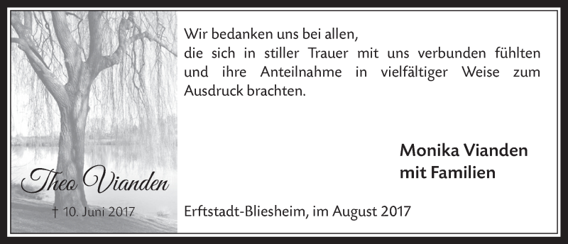 Traueranzeige für Theo Vianden vom 02.08.2017 aus  Werbepost 