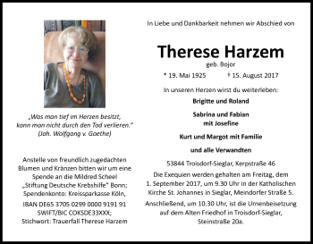 Anzeige von Therese Harzem von Kölner Stadt-Anzeiger / Kölnische Rundschau / Express