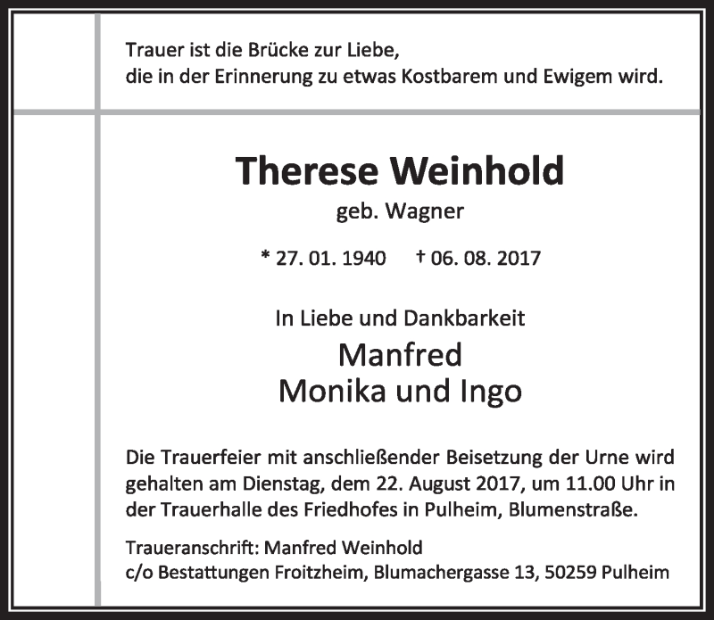  Traueranzeige für Therese Weinhold vom 12.08.2017 aus  Sonntags-Post 