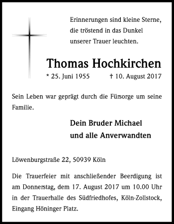 Anzeige von Thomas Hochkirchen von Kölner Stadt-Anzeiger / Kölnische Rundschau / Express