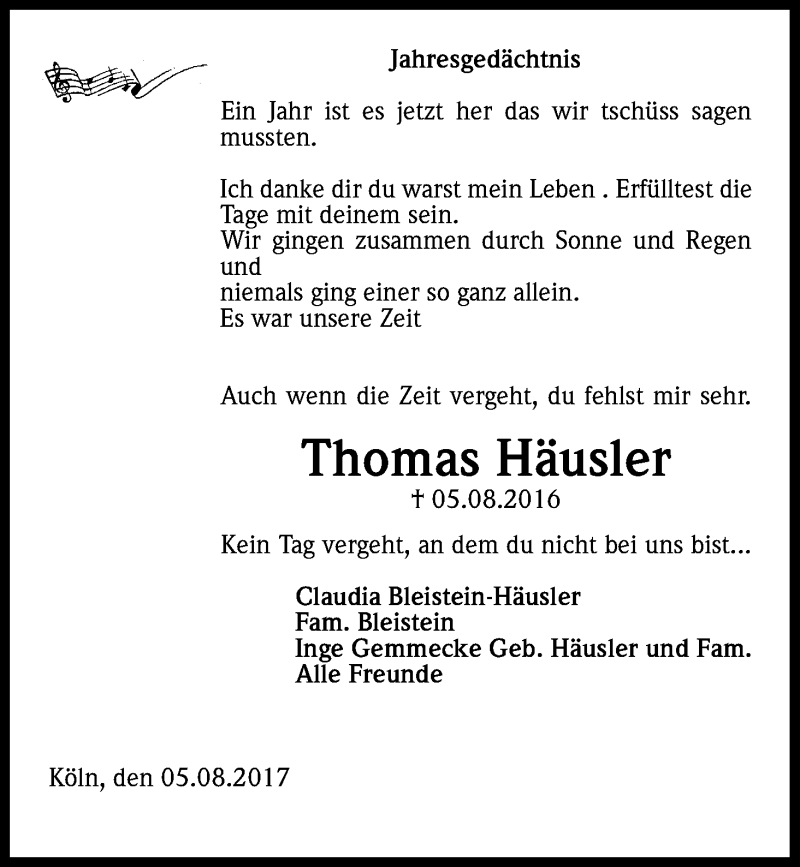  Traueranzeige für Thomas Häusler vom 05.08.2017 aus Kölner Stadt-Anzeiger / Kölnische Rundschau / Express