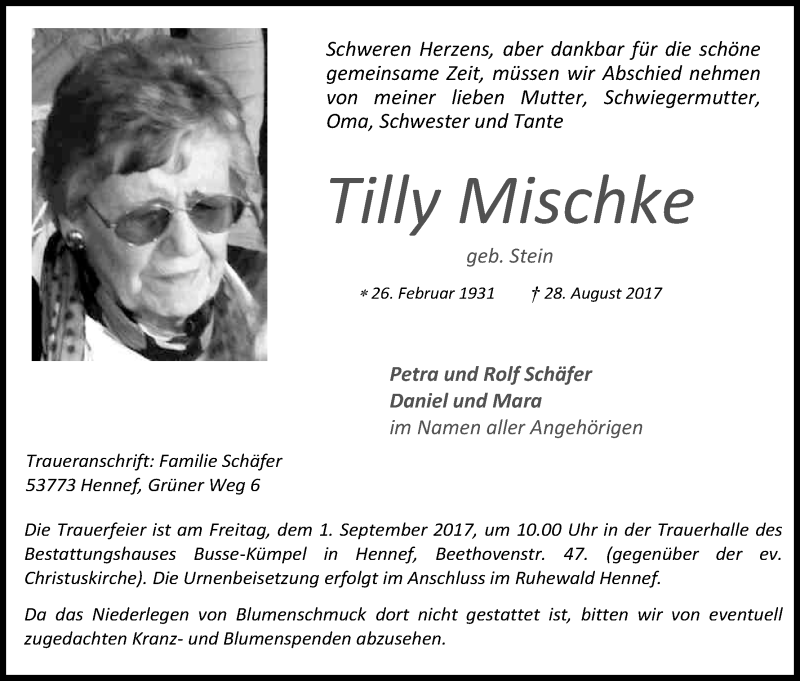  Traueranzeige für Tilly Mischke vom 30.08.2017 aus Kölner Stadt-Anzeiger / Kölnische Rundschau / Express
