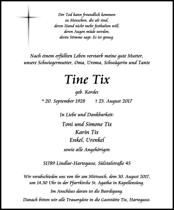 Anzeige von Tine Tix von Kölner Stadt-Anzeiger / Kölnische Rundschau / Express