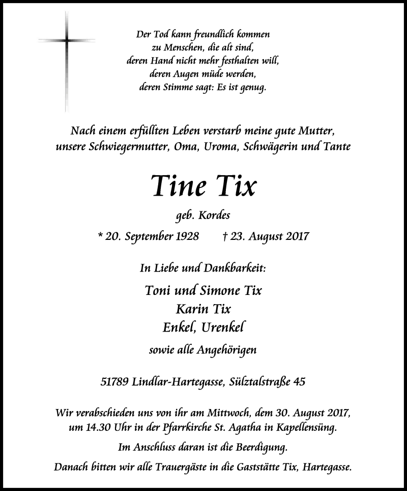  Traueranzeige für Tine Tix vom 26.08.2017 aus Kölner Stadt-Anzeiger / Kölnische Rundschau / Express