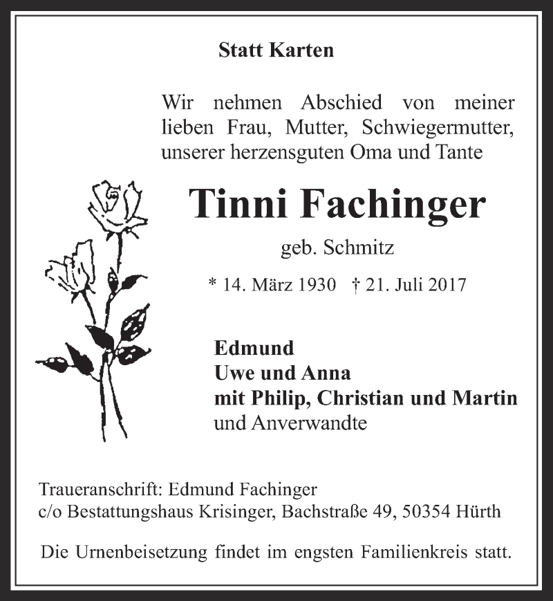  Traueranzeige für Tinni Fachinger vom 02.08.2017 aus  Wochenende 