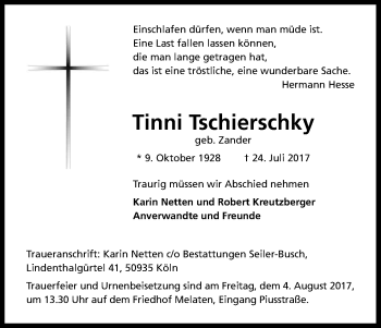 Anzeige von Tinni Tschierschky von Kölner Stadt-Anzeiger / Kölnische Rundschau / Express