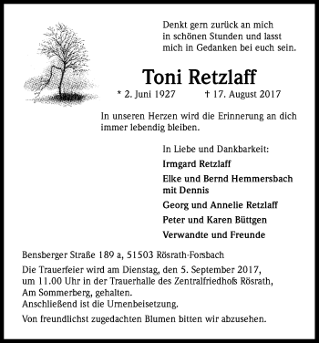 Anzeige von Toni Retzlaff von Kölner Stadt-Anzeiger / Kölnische Rundschau / Express